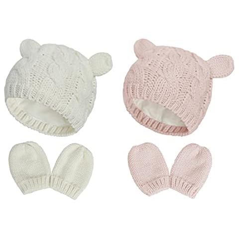 Fynnsure Baby Hat Glove Set Soft Newborn Mittens Baby Girl Boys Knitted Toddler Cap Infant Winter Beanie Mitten Sets White & Pink S Cover