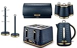TOWER Empire Midnight Blue 1.7L 3KW Jug Kettle, 4 Slice Toaster, Bread Bin, Set of 3 Canisters, Mug Tree & Towel Pole. Stylish Art Deco Design Kitchen Set of 8 Items