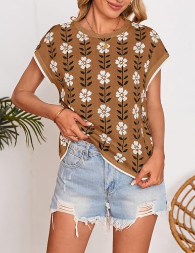 Image of ZESICA Women's Summer Trendy Knit Top 2026 Floral Print Short Sleeve Crewneck Loose Fit Sweater Vest Going Out Clothes