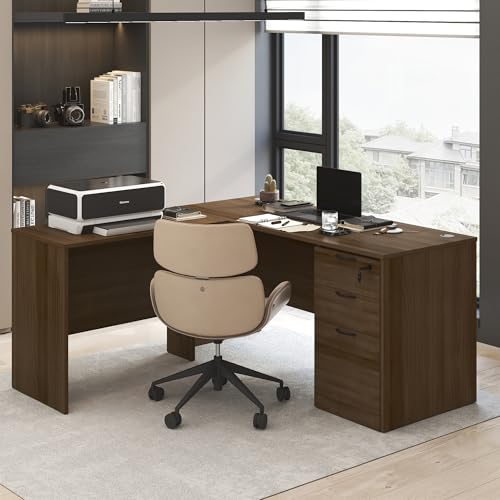 Image of Furinno Roger Computer Desk, 60 Inch Rectangular Executive Desk with Modesty Panel, Home Office Desk with Thick Tabletop, Desk Cord Grommet, Scratchproof, for Home Study, Office, Modern Walnut