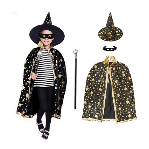 Kinwers Zauberer Kostüm Kinder,4 Stück Zauberumhang Hexenhut...