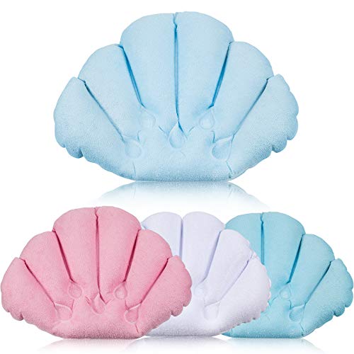 4 Pieces Inflatable Bath Pillow with Suction Cups, Terry Cloth Covered Bathtub Pillow Shell Shape Bath Pillow Comfortable Soft Bath Cushion, Neck Support for Bathtub, Home Spa Tub, 4 Colors