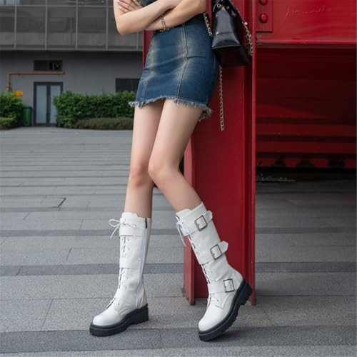 Image of FOREADA Goth Boots Chunky Heel Boot For Women Ankle Combat Booties Black Platform Bootie Buckle Rivets Punk Goth Shoes With Zipper