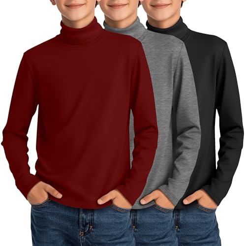 3 Pack Boy's Turtleneck Long Sleeve Pullover T-Shirts Warm Stretch Kids Turtle Neck Base Layer Tops for Boys - Main Image