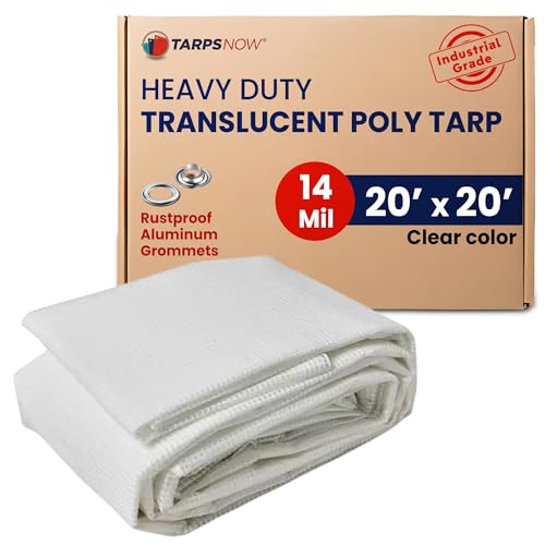 Tarps Now 20x20 Feet Translucent Poly Tarp |14 MIL Heavy Duty Waterproof Cover |Tear Proof Plastic Tarp with Rustproof Aluminum Grommets & Reinforced Edges |Ideal for Roof, Landscaping-Clear & White