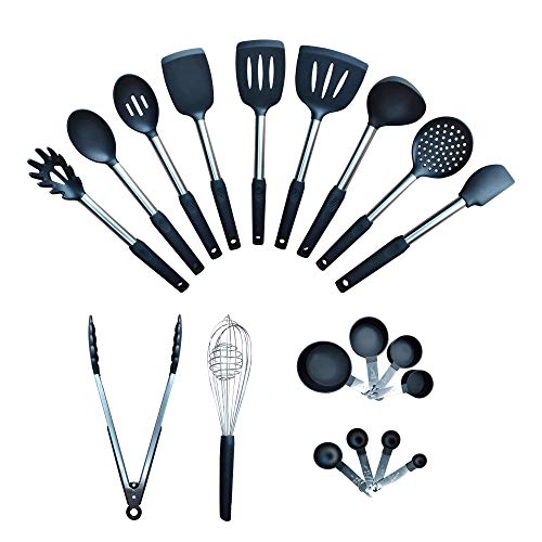 Home & Kitchen Essentials Cooking Utensils Set - Non Stick Silicone Kitchen Utensils Set - Stainless Steel Handles, Heat Resistant, BPA Free, and Dishwasher Safe (Black, 19 Pieces)