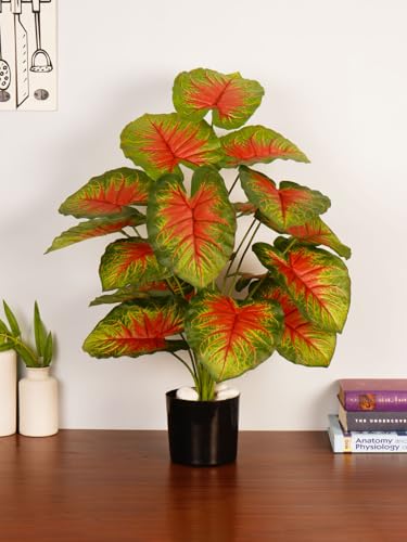 Image of ARICK Decor 2.1Ft Artificial Caladium Plant with 18 Leaves, 65cm Tall Faux Tropical Red & Green Potted Tree in Black Pot, Realistic Large Silk Heart-Leaf Fake Plant for Living Room,