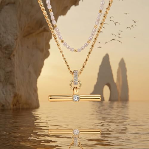 Image of Jeulia Layered Necklaces for Women Trendy Retro T Bar Pendant Pearl Necklaces Stack Trendy Pendant Necklaces Dainty Chain Choker Necklaces for Jewelry Birthday Gifts