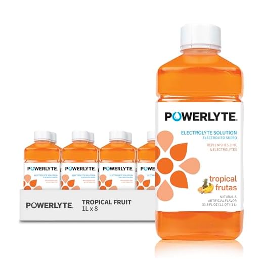 POWERLYTE Electrolyte Solution Hydration Sports Drink - Electrolyte Hydration & Recovery Drink - Replaces Electrolytes, Fluid & Zinc – Best for Adults & Kids - 33.8 (1L) Fluid Oz - (Tropical Fruit) 8 Pack