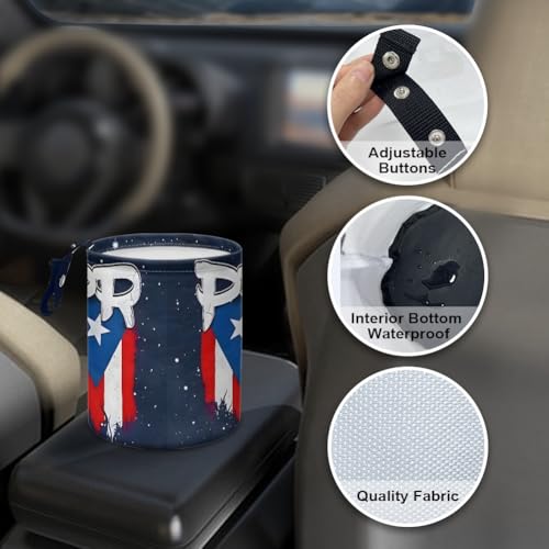 Puerto Rico Flag Car Trash Can with Adjustable Strap, Waterproof Bottom, Foldable and Portable – Ideal for Cars, Trucks, SUVs, Offices – Durable Polyester, Convenient for Organization