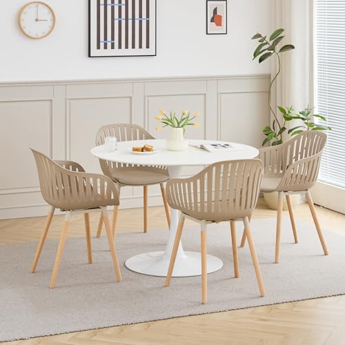 GrandCA HOME 80cm Ensemble Table Ronde et 4 Chaises, Convient pour la Cuisine, Le Patio, e Jardin, Le Balcon ou la Salle à Manger (Blanc+Kaki+Pieds de Chaise...