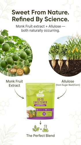 Image of Just Zero Monk Fruit & Allulose Natural Sweetener for Diabetics | 1:1 Sugar Replacement for Tea /Chai, Filter Coffee, Mithai & Baking | No Erythritol, Zero Calorie, Keto Friendly | 200g