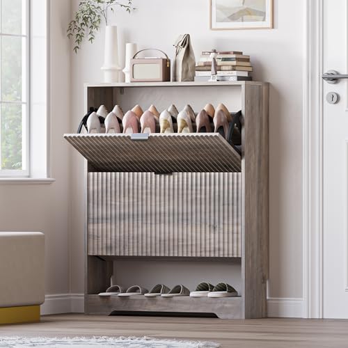 Image of BORNOON Shoe Cabinet with 2 Flip Drawers, Fluted Shoe Storage Cabinet with Adjustable Shelves, Freestanding Rack and Organizer for Entryway, Closet, Hallway