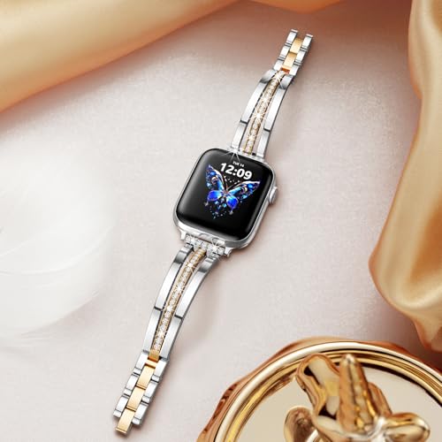 Image of AIRSPO Slim Gold Band Compatible with Apple Watch 38 /40 /41 /42 /44 /45 /46mm Women Metal Dressy Jewelry Bracelet with Bling Diamond for iWatch Series 10-3 /SE (Gold and Silver, 38 /40 /41 /42mm(Series 10))