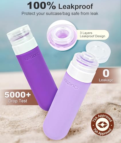 Image of Quatish Travel Bottles for Toiletries, Original Patented Leak Proof Travel Size Containers, 3 oz Tsa Approved Silicone Shampoo and Conditioner Bottles, 4 Pack,，Purple