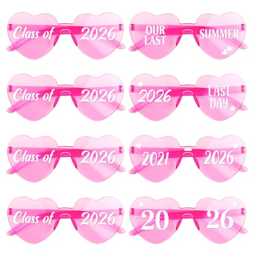 DOORIO 8 Pack Class of 2026 Glasses 2026 Graduation Party Sunglasses Bulk Heart Shaped Prom Party Favours 2026 Graduation Gifts (Class of 2026 Pink)
