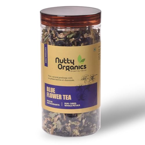 Image of Nutty Organics Blue Flower Tea 100GM | Butterfly Pea Flower | Caffeine-Free Herbal Tea | Rich in Antioxidants | Sun Dried Whole Petal Natural Stress Relief & Detox