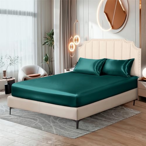 Image of Ersmak Silk Satin Fitted Sheet, Soft Deep Pocket Bottom Luxury Queen Fitted Sheet, Wrinkle Free, Breathable, Fade Resistant - Teal