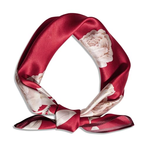 Ciormis Pure Mulberry Silk Scarf- 21" Floral Printed Burgundy Hair Silk Scarves Lightweight Neckerchief for Women Ladies with Gift Box