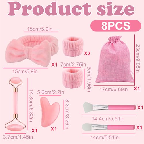 CZAYEFNH Rodillo Facial Jade 7 en 1 Set masajeador Gua Sha Piedra Natural para Cara Cuello y Cuerpo Rosa con Banda y brochas Regalo Cuidado Piel - imagen 6
