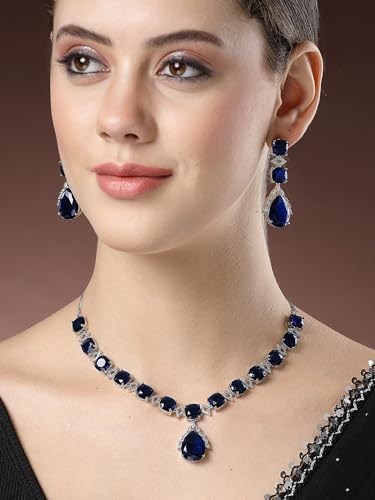 Image of Karatcart Elegant Silver Plated Blue American Diamond Necklace Set for Women