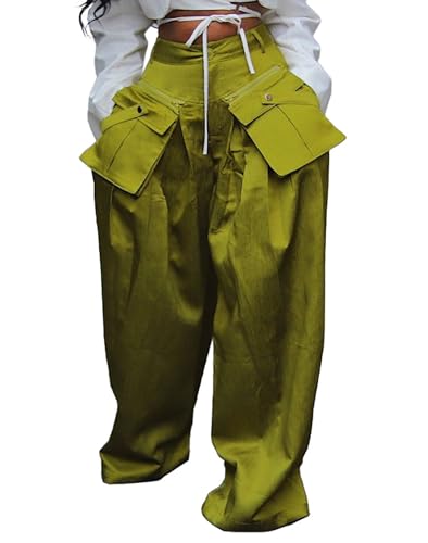 Womens Casual Baggy Cargo Pants with Pockets Straight Wide Leg Satin Trousers Streetwear Sweatpants