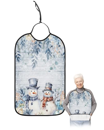 LEOKOTI Blue Snowman Christmas Adult Bibs for Eating, Waterproof Bibs with Food Catcher & Snap Closure, Xmas Botanical Winter Snowflake Vintage Washable Clothing Protectors Adult Bibs for Elderly
