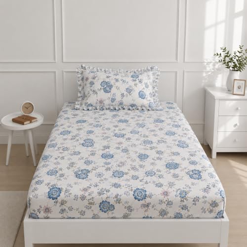 Image of Blue Strip Polycotton Fitted Bedsheet, Single 42x75 (Multicolor) | 300 TC, elastic all-round grip, deep pocket, soft, breathable, colourfast, non-shrink, wrinkle resistant, machine washable