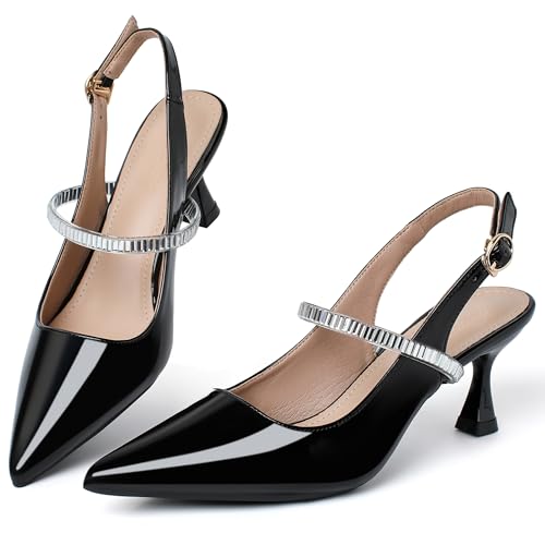 Women's Slingback Kitten Heel Pointed Toe Dress Pumps Shoes Pointed Closed Toe Ankle Strap Elegant Wedding Pumps Formal Comfortable Shoes