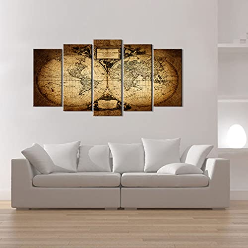Welmeco WM2104211 5 Pieces Ancient Map Of The World Wall Canvas Prints Retro Map Poster Framed And Stretched Painting Vinitage Old Map thumb #3