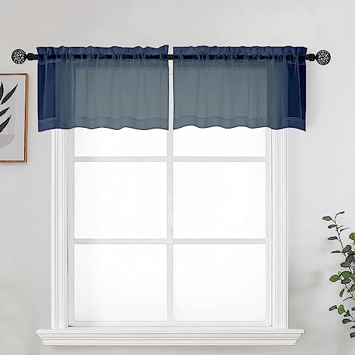 Image of OWENIE Navy Blue Sheer Kitchen Valance for Windows Set of 2, Small Modern Rod Pocket Voile Valance Curtain Window Treatment Decor for Living Room Bathroom Cafe Laundry Basement, 42 inch W x 14 inch L