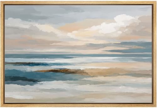MUDECOR Framed Canvas Print Wall Art Abstract Ocean Horizon Seascape Illustrations Fine Art Decorative Zen Multicolor Country/Farmhouse Retro for Bedroom - 16"x24" NATURAL