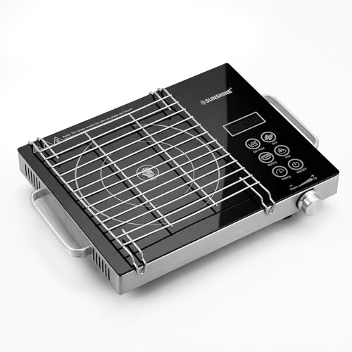 Image of Sunshine HeatWave 2000W Infrared Electric Cooktop | Works with All Cookware - Steel, Glass, Ceramic & Aluminium Cookware | 4 Cooking Modes | 60C-700C | Stainless Steel | BBQ Grill Stand