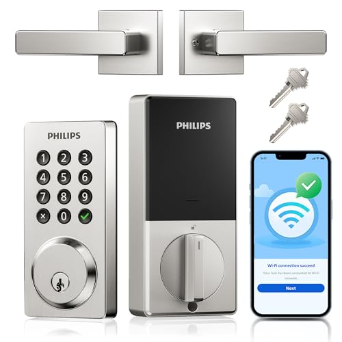 Philips WiFi Smart Door Lock with Handle, Built-in WiFi App Remote Control, Keyless Entry Door Locks for Front Door, Smart Deadbolt Auto Lock, Support
