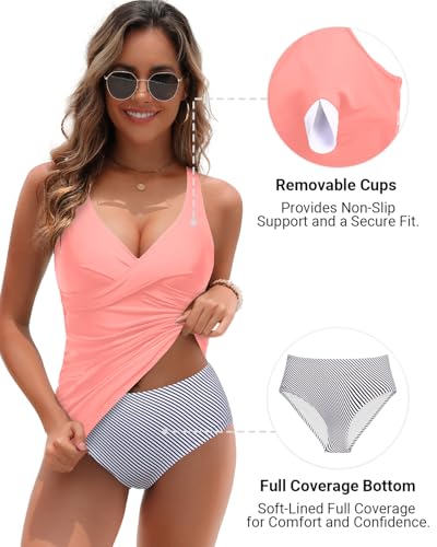 Image of Yonique Plus Size Tankini Swimsuits for Women Blouson Tankini Tops with Swim Shorts Two Piece Bathing Suits