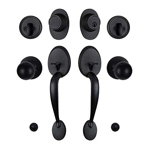 Hisafe Iron Black Double Door Handle Set With Deadbolt, Keyed&Dummy Front Door Knob Set, Reversible For Right And Left Handed #TOP1