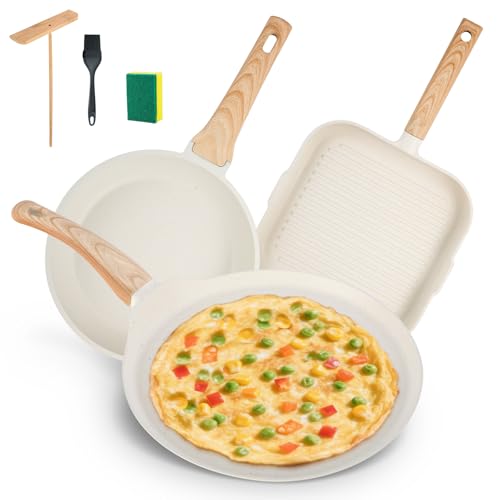 Lista de Sarten Serafin los mejores 5. 43 Juego de 3 Sartenes y Crepera Antiadherente, Sartén Antiadherentes de Granito Blanco, Libre de PFOS y PFOA, Sarten Apto para Todas Las Estufas (24 cm, 25 cm y 28 cm)