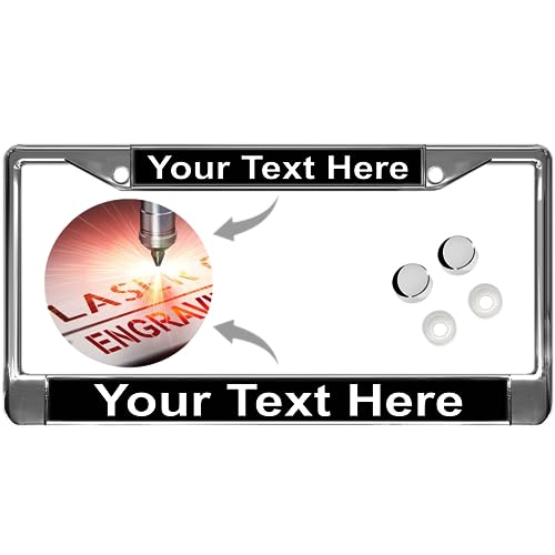Image of Custom Personalized Chrome-Plated Metal Laser Engraved Standard Size - Car /Automobile License Plate Frame with Free caps - Black /White Text (Qty: 1 Frame)