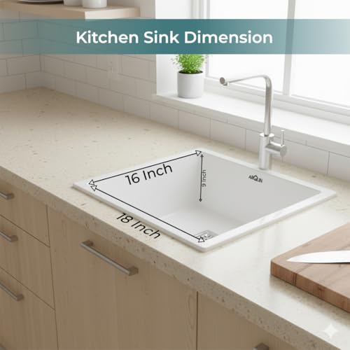 Image of ARQUIN Quartz Sink 18x16x9 Inch White | Single Bowl Sink | Durable & Scratch-Resistant | Undermount /Topmount Including Coupling, Waste Pipe & Fruit Washing Basket