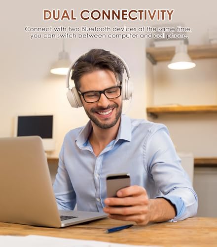Image of Soothielec Wireless Headset, Bluetooth Headset with Noise Cancelling Microphone, Best Headphones with Mic Mute & USB Dongle for PC /Computer /Laptop /Cell Phones /Remote Work /Call Center (Beige)