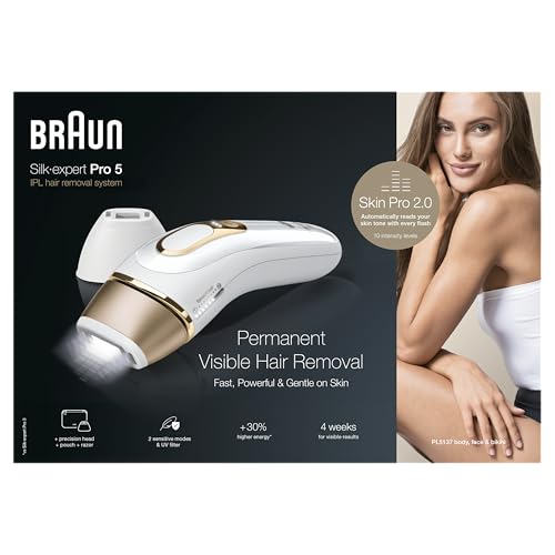 Braun IPL Silk-Expert Pro 5, épilation à domicile avec pochette, tête de précision et rasoir Venus, alternative à l'épilation au laser, cadeau pour femme, blanc/or, PL5137