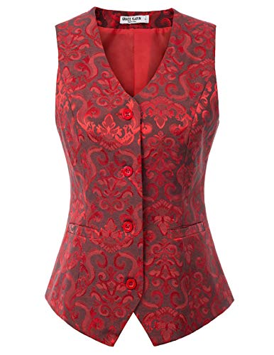 GRACE KARIN Gilet Vittoriano Jacquard per Donna Medium Steampunk Rosso S