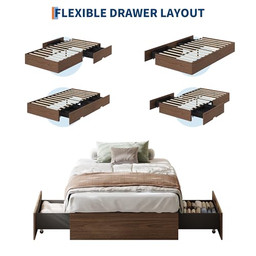 Image of GarveeHome Twin Size Wood Platform Bed Frame with 2 Storage Drawers, Wooden Bed Frame Without Headboard, Wood Slat Support, No Box Spring Needed, Easy Assembly