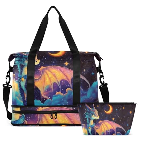 Dragon Weekender Bag for Women, Crescent Moon Star Dragon Gym Sports Duffle Travel Swim Tote with Toiletry Bag Shoes Compartment Dry/Wet Separation2