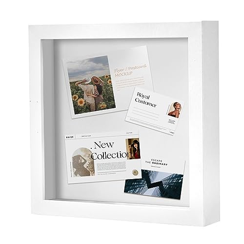 Image of Muzilife 8x8 Shadow Box Picture Frame for Wall and Tabletop Display - Deep Wood & Glass Display Rustic Case Ready to Hang Memorabilia, Pins, Awards, Medals, Wedding, Tickets, and Photos, White