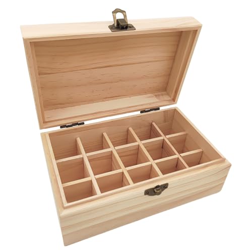 Anktily Boîte de rangement en bois brut avec 15 compartiments, 18,5 x 11,5 x 7,5 cm Boîte en bois non peinte avec fermoir pour petits souvenirs, bijoux,...