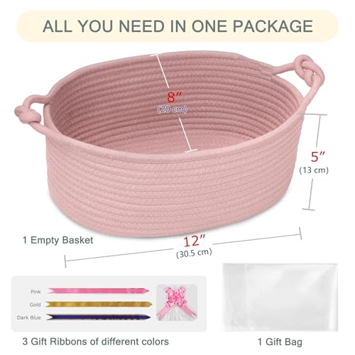 Image of COMSE Small Gift Basket Empty with Bag & Ribbons, Solid Dusty Pink