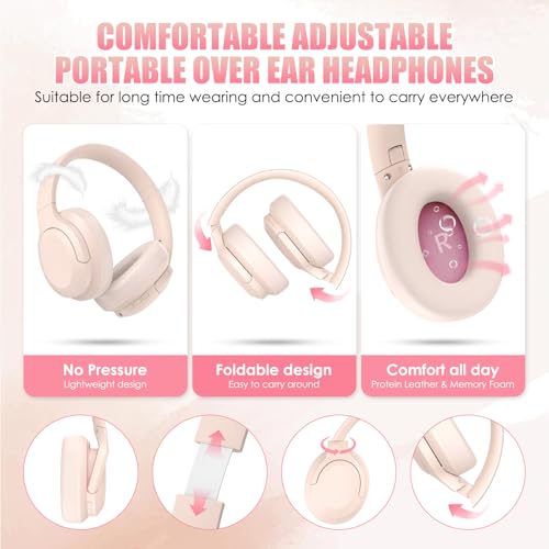 Image of Active Noise Cancelling Headphones, Over-Ear Headphones Pink | Wireless Blutooth Headphones with100H Playtime, Built-in Microphone, Lightweight & Foldable, Deep Bass for Work /Gym /Travel