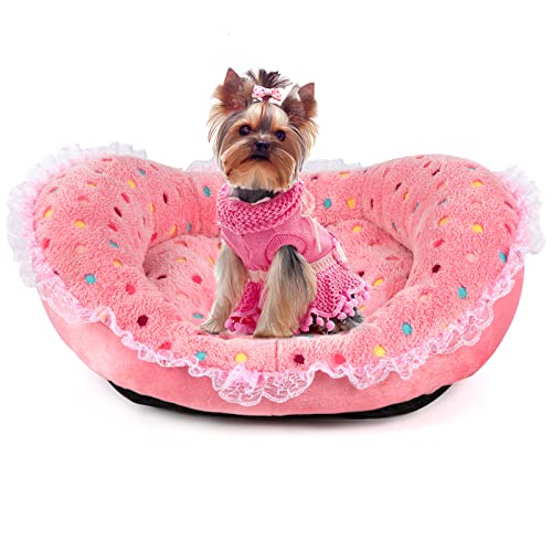 Seimmie Princess Cute Cat Dog Bed Lace Pink Girl Puppy Bed Soft Warm Fleece Kitten Nest Pet Sofa Polka Dots (Medium-22''X18'', Pink) #TOP21
