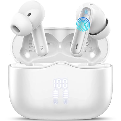 Cuffie Bluetooth 5.4 In Ear, Auricolari Bluetooth HiFi Stereo con 4 Mics ENC Cancellazione Rumore, 40 Ore Cuffie Wireless LED USB-C, IP7 Impermeabili Cuffiette Senza Fili per iOS Android, Bianco